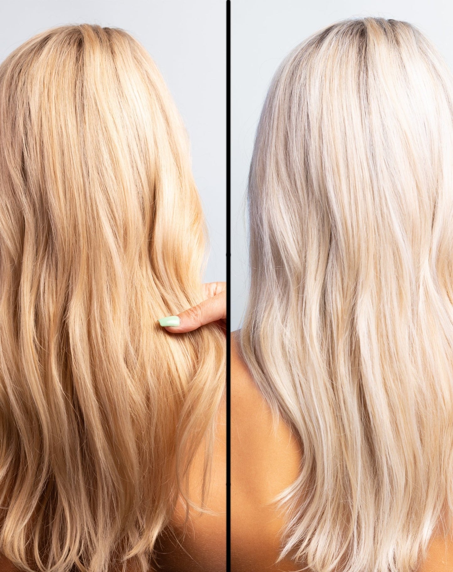 Före och efter bild av modeller med långt hår: till vänster gulaktig blond ton, till höger kallare, färgkorrigerad blond ton utan gula nyanser, effekten av Kolai Silver Serie, mot ljusgrå bakgrund