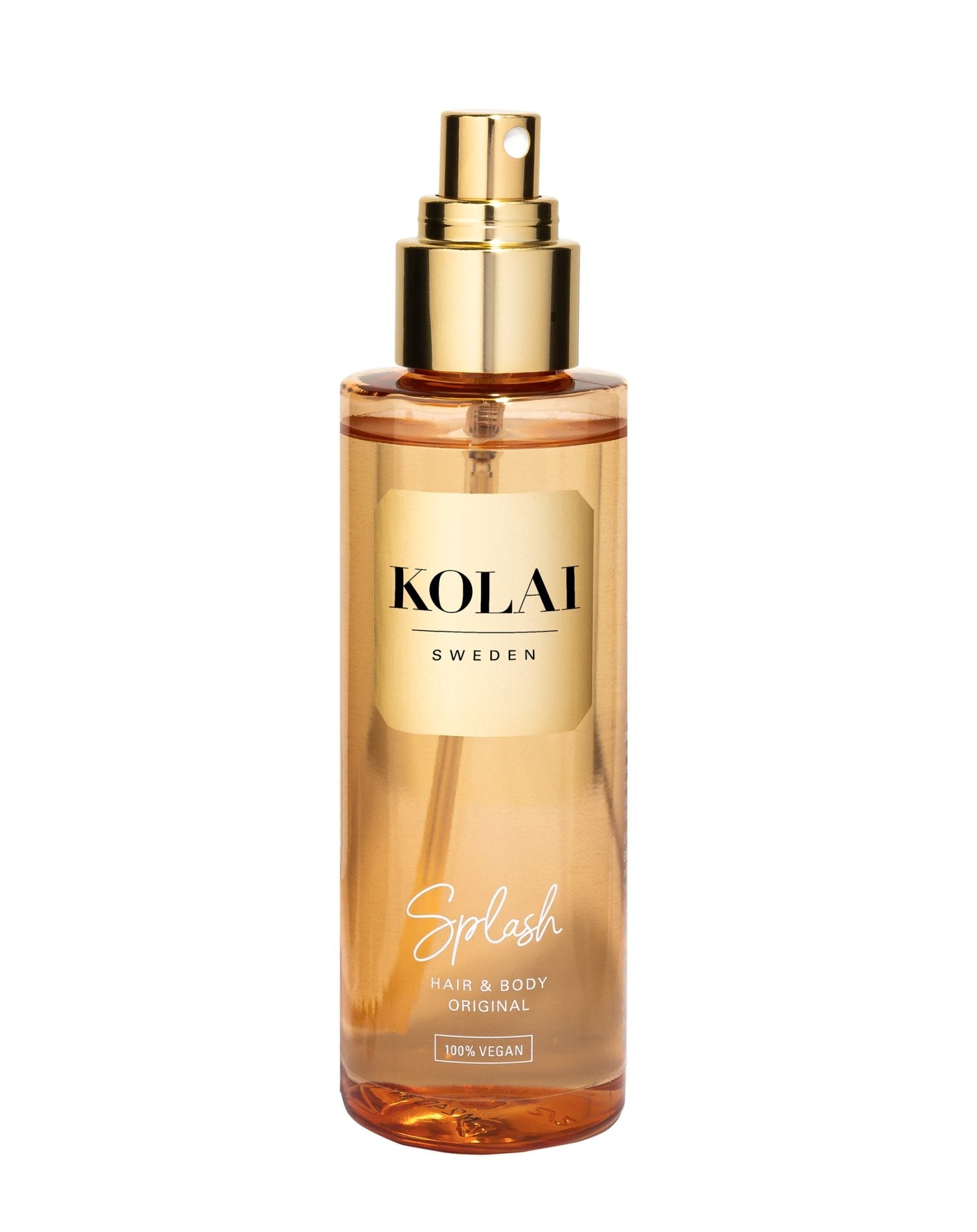 KOLAI Splash Hair & Body Mist, 150ml, i en ljusorange transparent flaska med guldlogga på vitgrå bakgrund, en 100% VEGAN uppfriskande mist med KOLAI originalparfym.